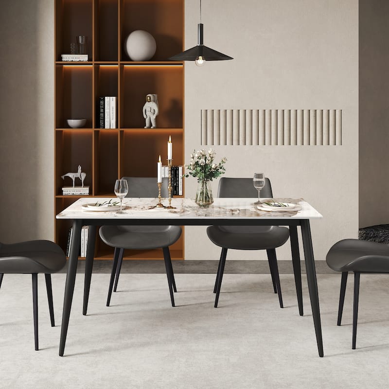Modern White Marble Dining Table, 55" Rectangular Sintered Stone Kitchen Table for 4 People with Black Metal Legs