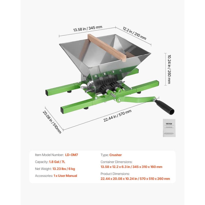 7L Stainless Steel Fruit Crusher for Crushing Apples Pears and Rust-Resistant Design - 22.44 x 20.08 x 10.24 in