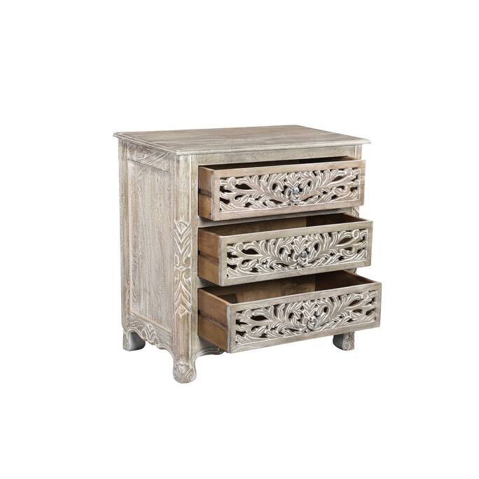 HomeRoots 30" Distressed Gray Three Drawer Floral Carved Solid Wood Nightstand