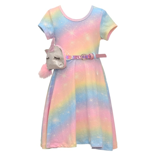 Shop Little Girls Rainbow Knit Short Sleeve Spring Dress Unicorn