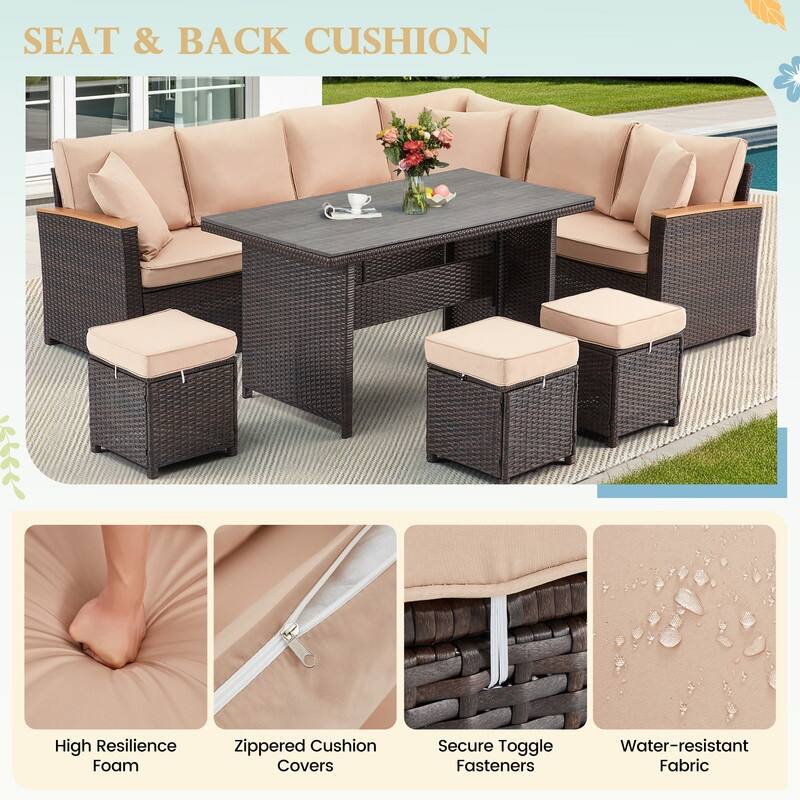 7-Piece Outdoor Sectional Set w/ Dining Table – All-Weather PE Rattan Patio Furniture for Garden, Poolside & Backyard