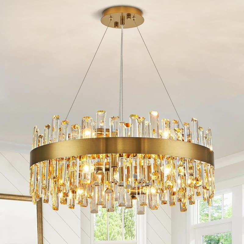 23.6 in. Brass Modern Crystal Chandelier 2-Tier Gold Luxury Crystal Pendant Light for Dining Living Room Bedroom