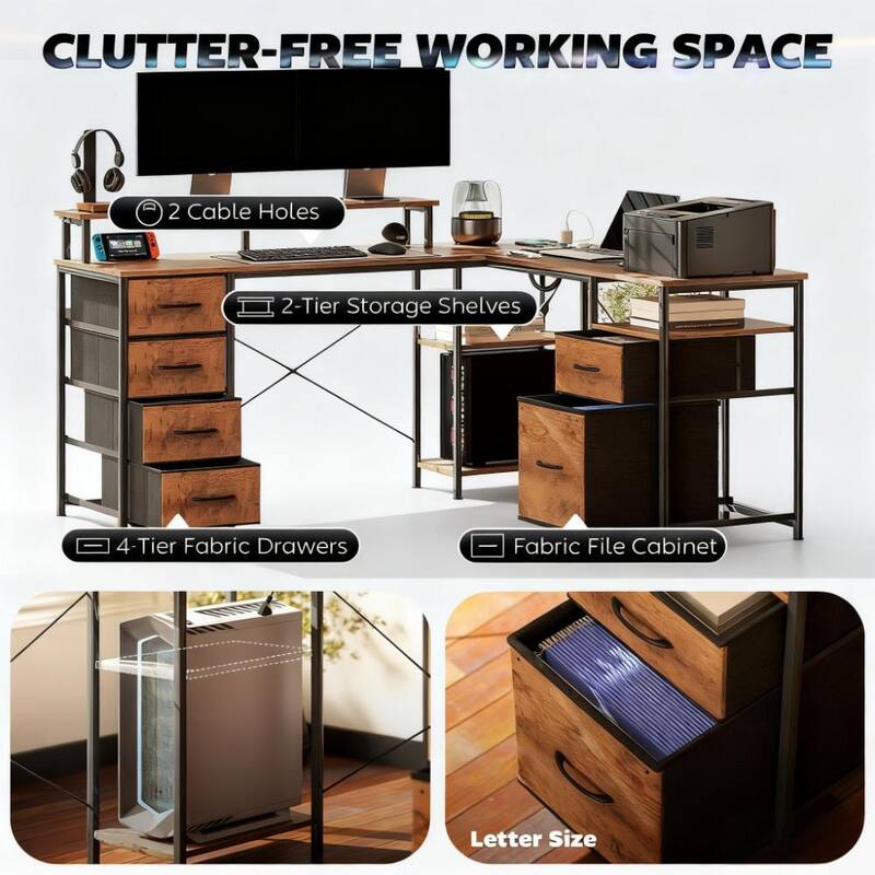 Corner Desk with File Drawer and Power Outlets, L Shaped Computer Desk with LED Lights and Storage for Home Office