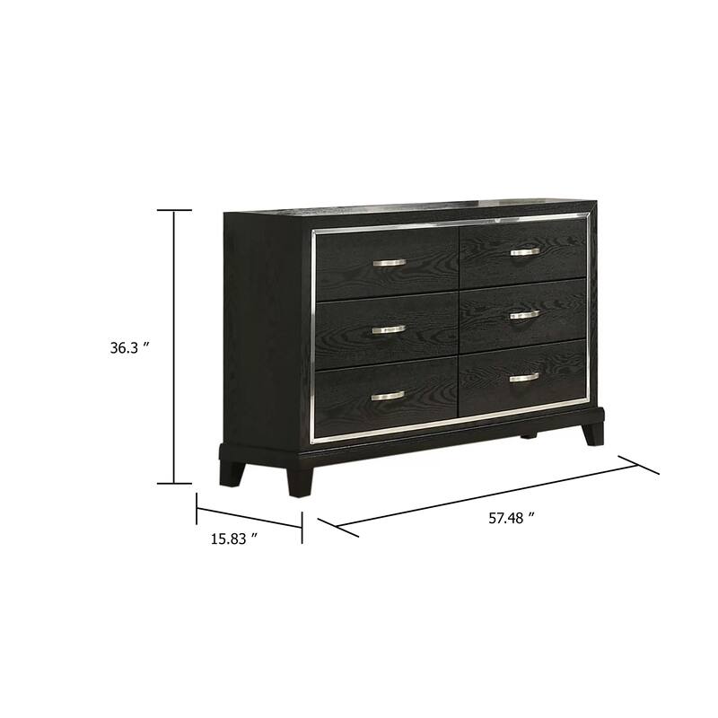 Lyla Wide Dresser, Silver Trim, 6 Drawer, Tapered Legs, Black Wood