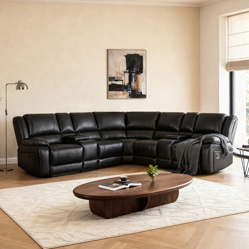 109" W Modern Contemporary Faux Leather 7 Piece Sectional Recliners