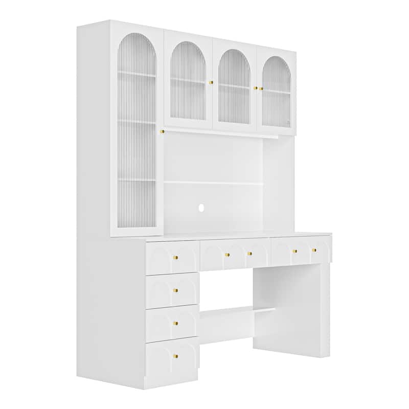 63” Modern White Computer Desk with Hutch & Drawers, Tempered Glass Cabinet Doors, Large Storage Home Office Workstation