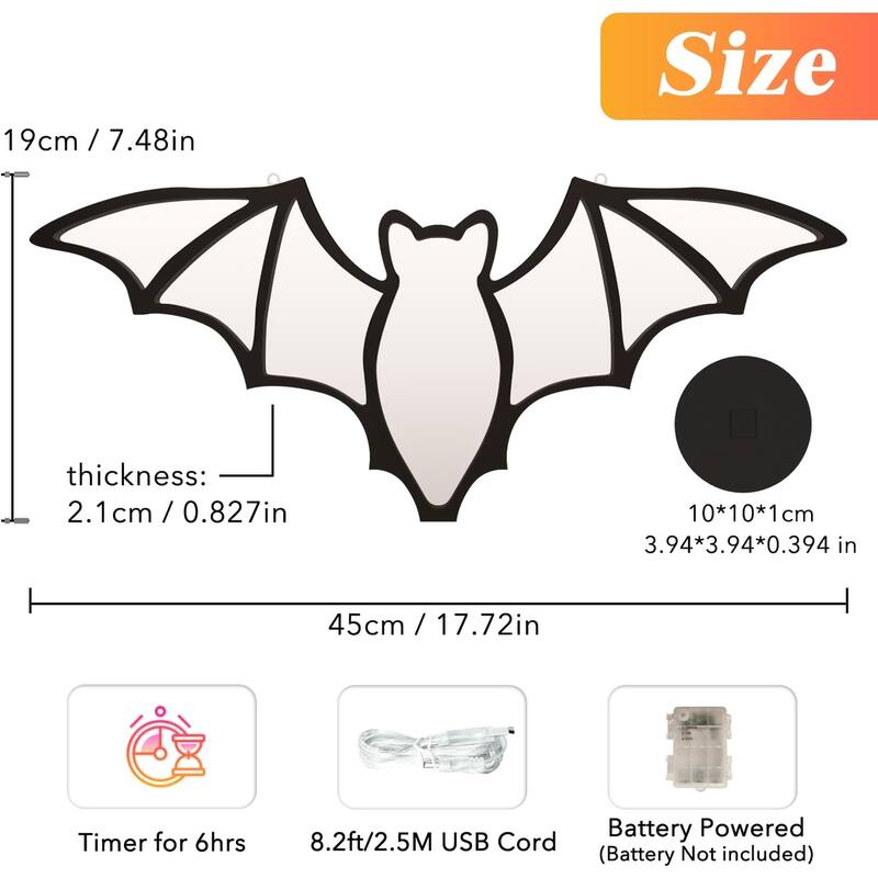 3D Bat LED Infinity Mirror, 14x10", Multicolor Halloween Motif, USB/Batt