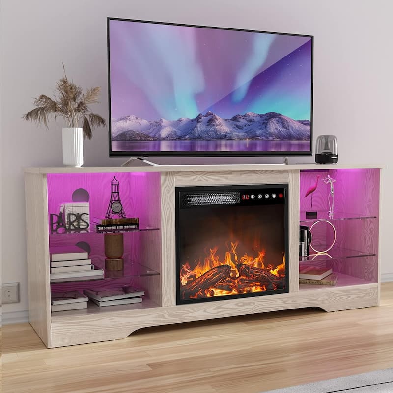Bossin 58" Fireplace TV Stand with 18'' Electric Fireplace,Modern Entertainment Center for 65'' TVs,TV Console - Off White