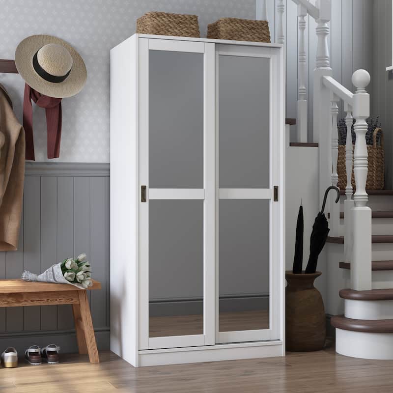 Palace Imports 100% Solid Wood 2-Sliding Door Wardrobe Armoire with Mirrored, Closed Louvered or Raised Panel Doors - White-Mirror