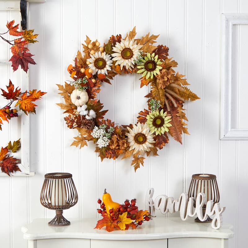 Sunflower, Pumpkin, & Berries Artificial Fall Harvest Wreath, 30-Inch