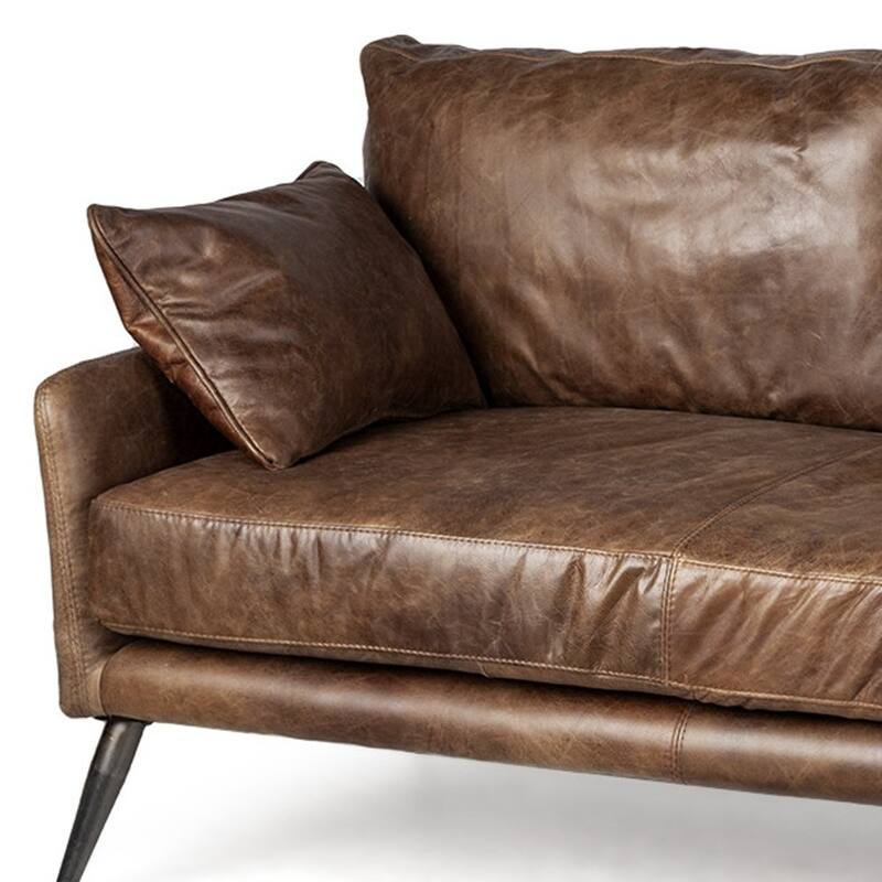 HomeRoots 82" Dark Brown Rustic Leather Sofa With Toss Pillows