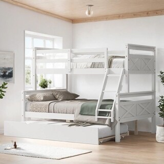 Twin over Full Bunk Bed with Ladder, Twin Size Trundle and Safety Guardrail for Guest Room