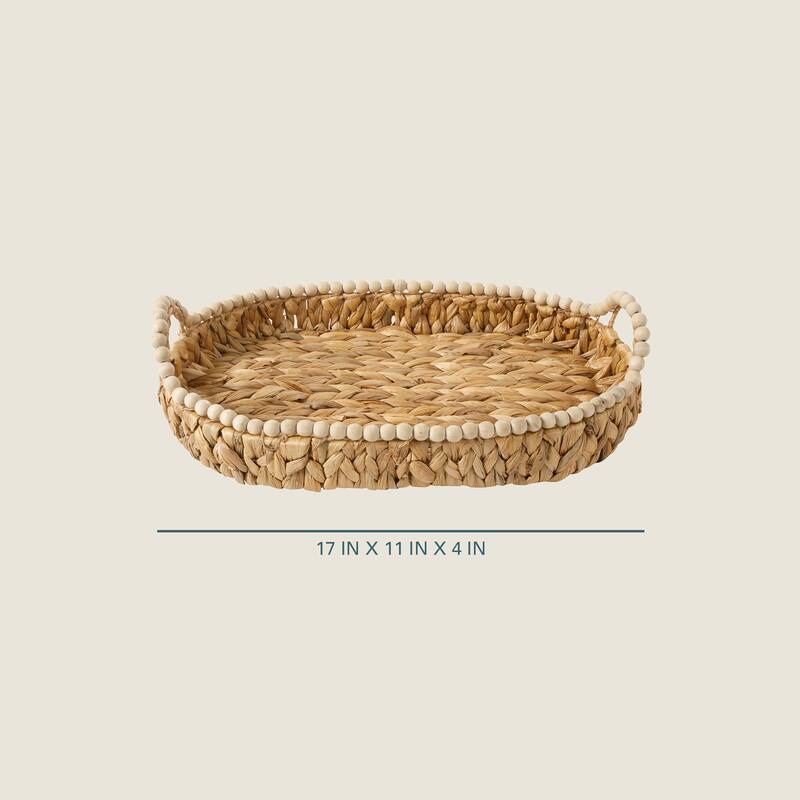Gibson Home 17-Inch Woven Decorative Serving Tray - Large Natural Water Hyacinth Basket with Wood-Bead Trim and Handles