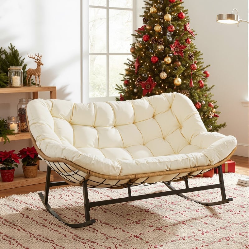 FINCATI Double Papasan Rocking Chair Outdoor Indoor, 700 lbs Heavy-Duty Double Wide Rocking Chair with 5.1 Inch Thick Cushion