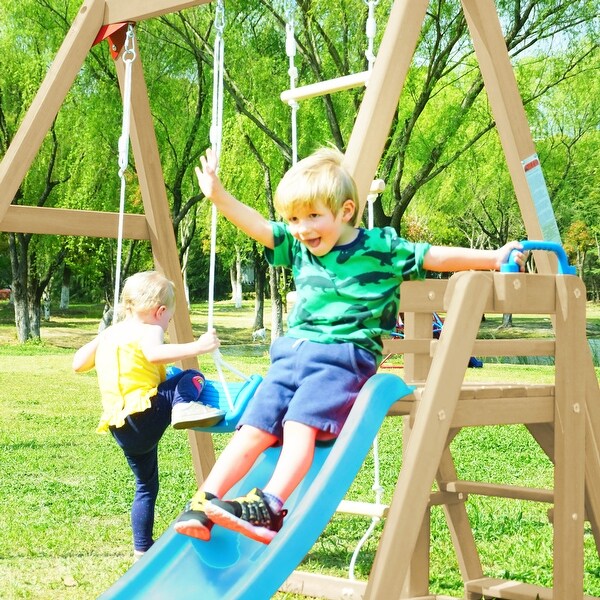 Wood Swing Set for Backyard, 4-in-1 Outdoor Swing Set w/Slide - 6