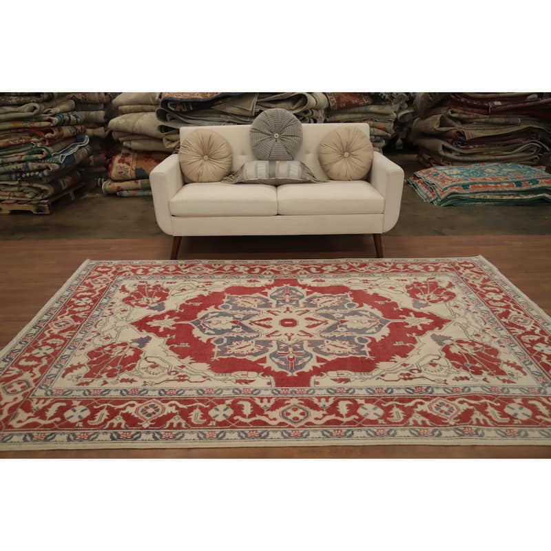 Hand Knotted Oriental 100% Wool Carpet Traditional Medallion Oranges & Rust Heriz (serapi) Area Rug - 9' 0'' X 5' 10''