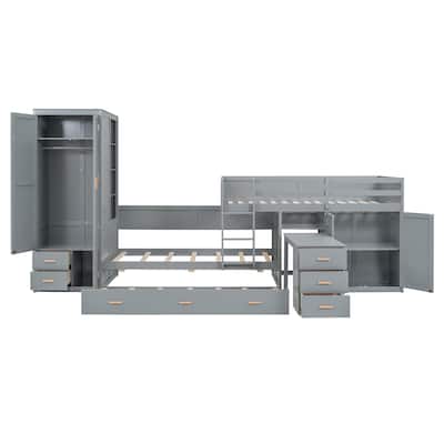 Multifunctional Twin Bunk Bed with Trundle, 5 Storage Drawers, Wardrobe, and Desk - White/Gray