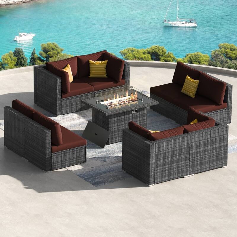9-Piece Outdoor Modular Sectional Wicker Patio Conversation Set with CSA Fire Pit, Cushion - Red