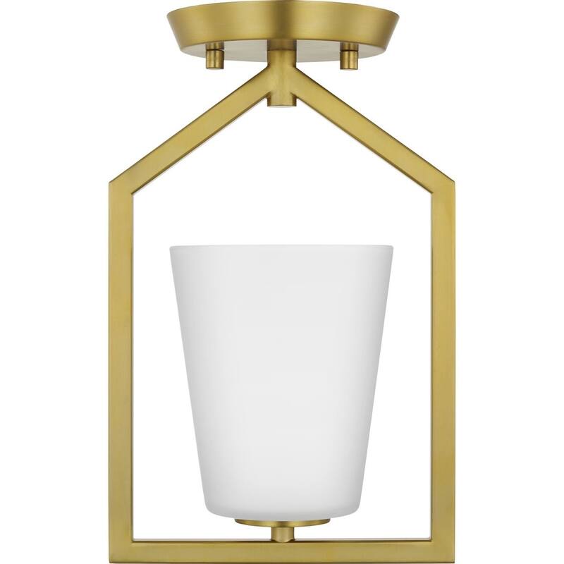 Vertex Collection One-Light Brushed Gold Etched White Contemporary Semi-Flush Mount - 7.37 in x 5 in x 11.62 in