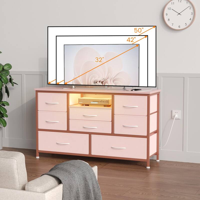 8-Drawer Fabric TV Stand with LED Lights & Built-in Power Outlets