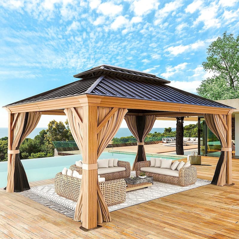 Erommy Pro Series Outdoor Galvanized Steel Roof Gazebo Pergola w/ Aluminum Frame & Vertical Rain Cutter