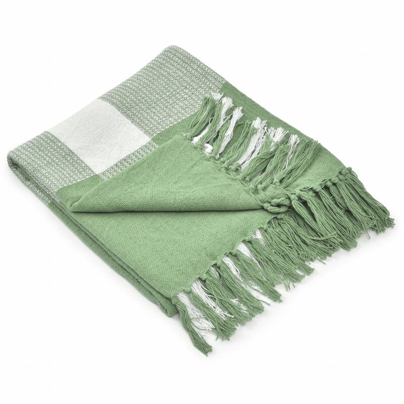 50" X 60" Green Woven Cotton Checkered Throw Blanket with Fringe