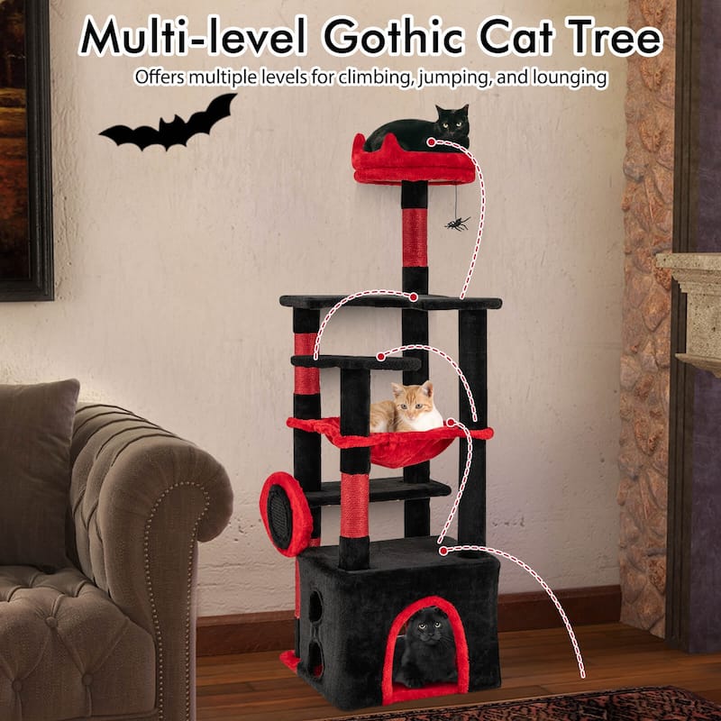 Costway 52" Gothic Cat Tree with Plush Perch & Condo Hammock& Hanging - as pic shows - See Details