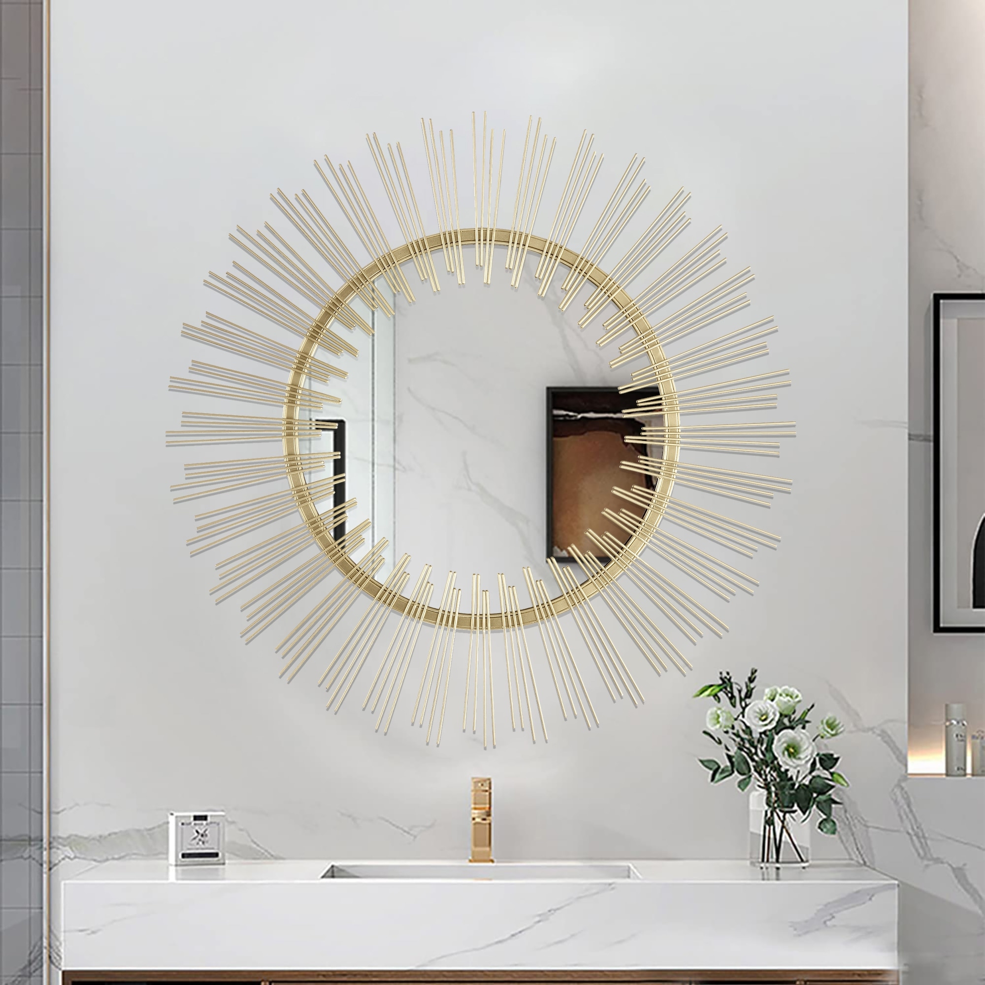 Gold 31 in. W x 31 in. H Sunburst Mid-Century Modern Metal Framed Accent Mirror - 31.5 in. W x 31.5 in. H x 1 in. D