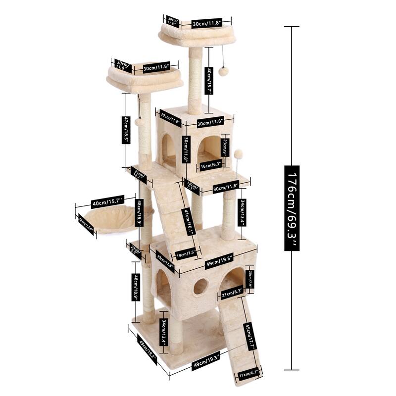 Cat Tree,Cat Tower with 2 Condos and 2 Perches, Kitty Climber Tower Furniture - Beige