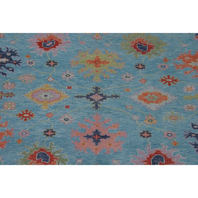 All-Over Blue Oushak Oriental Area Rug Hand-Knotted Wool Carpet - 9'0" x 11'11"