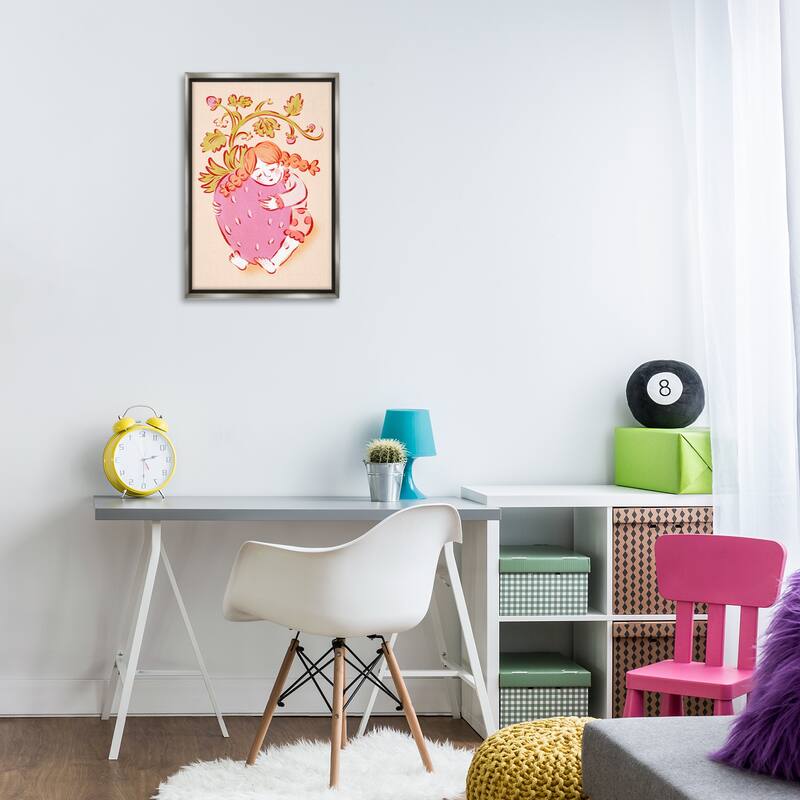 Stupell Girl Hugging Strawberry Framed Floater Canvas Wall Art Design By Hannah Moren