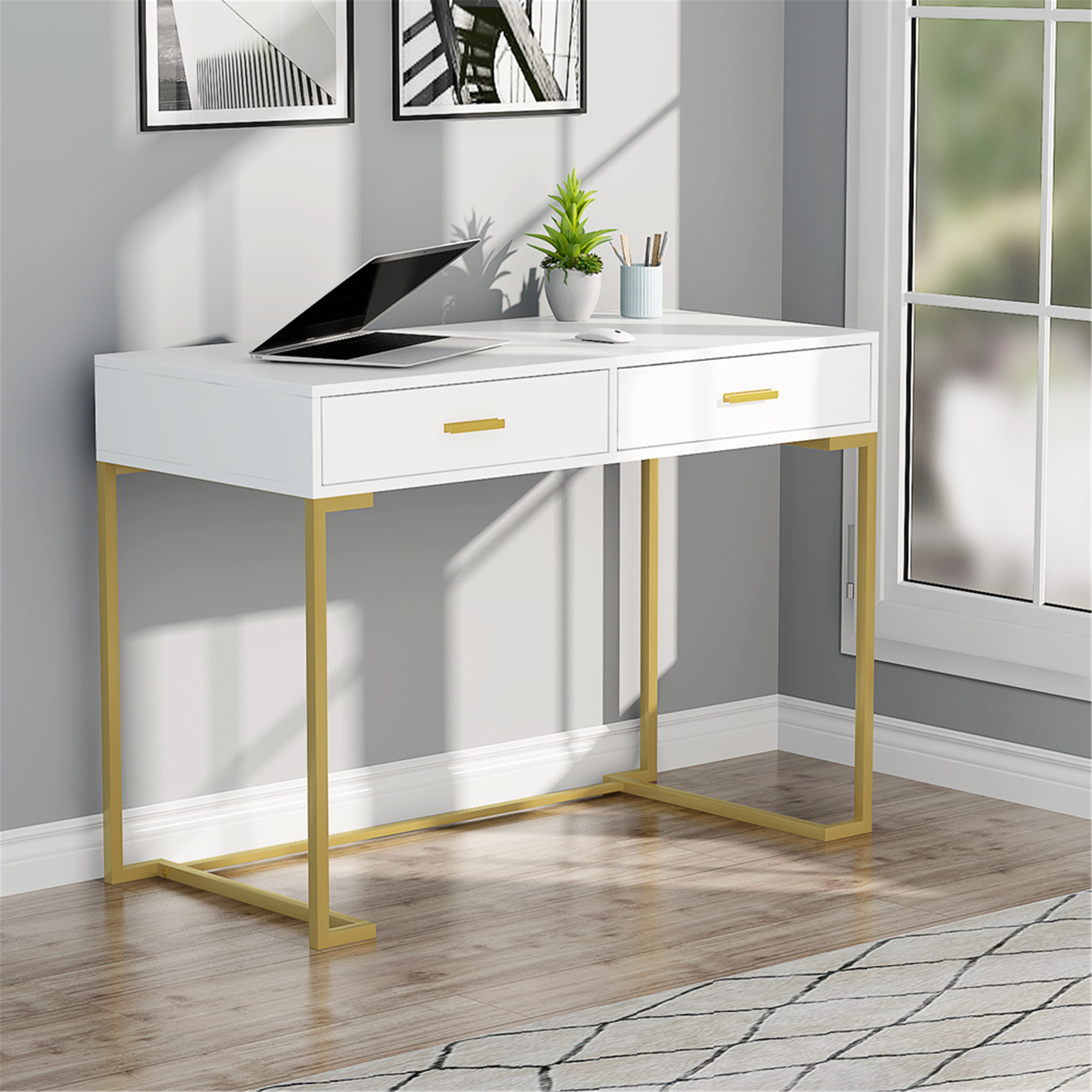 white desk with drawers and gold legs