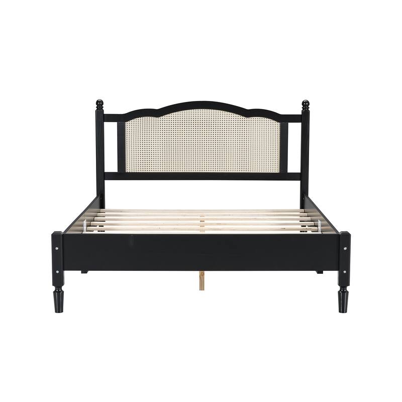Queen/Full Size Wood Platform Bed with Natural Rattan Headboard, Vintage Bed Frame