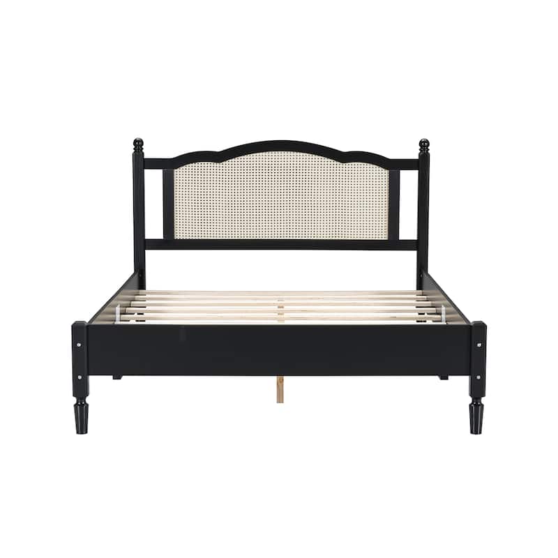 Wooden Frame Platform Bed Classic Bed Frame with Rattan Headboard, Bed Foot and Head Arc Design for Coastal Bohemian Bedroom