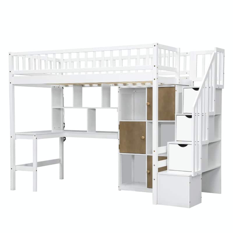 Wooden Twin Loft Bed with Built-in Desk, LED Lights, Storage Shelves, Cabinets & Staircase