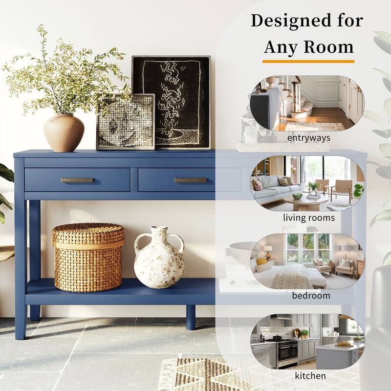 59.1" Farmhouse Entryway Table with 3 Drawers, Painted Console Table with Bottom Shelf & Iron Handles, Minimalist Sofa Table