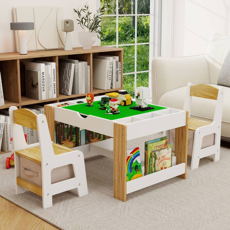 Anmytek White Kids 2 in 1 Activity Play Table and 2 Chairs Set with 7 Storage Compartments for Building Blocks - Green/White