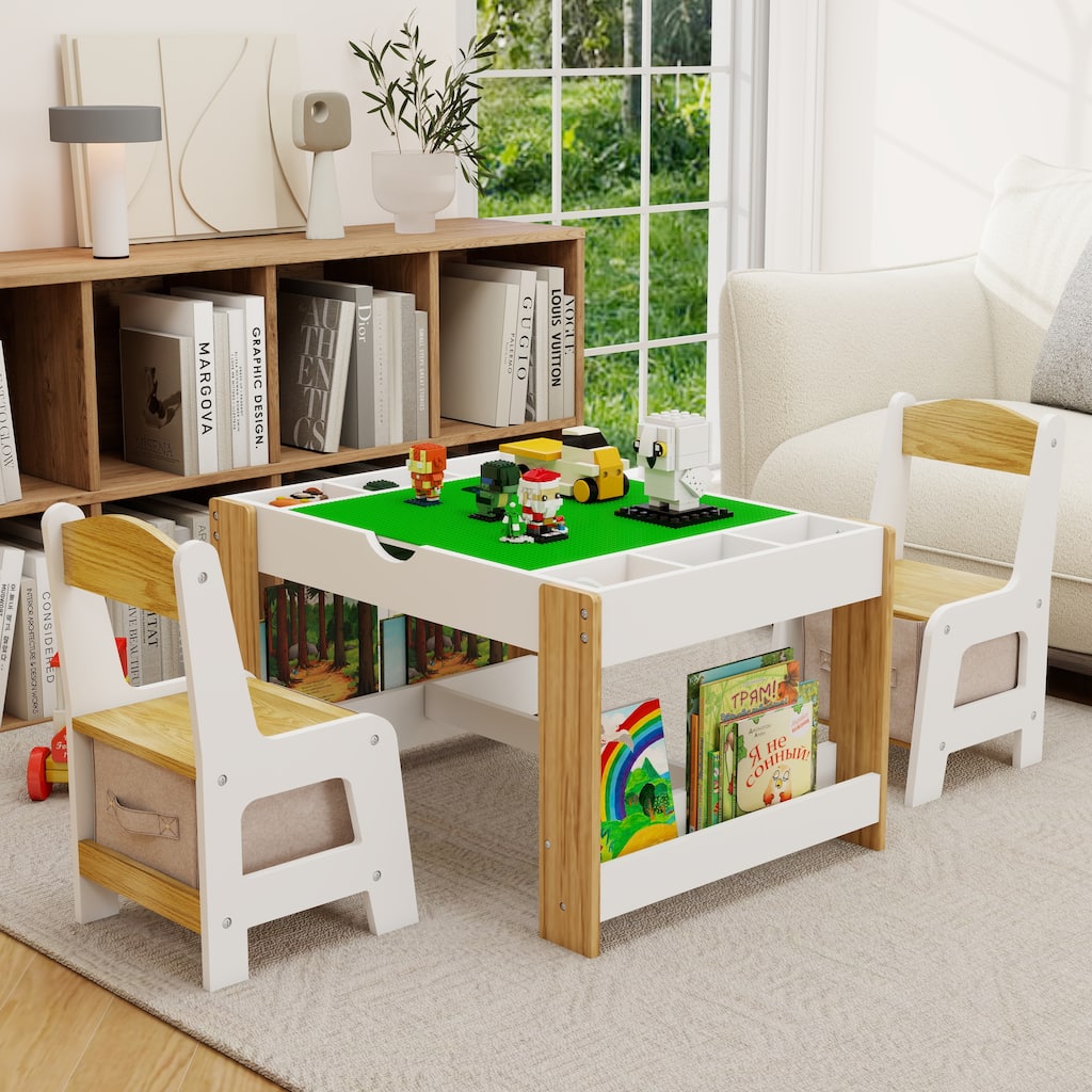Anmytek White Kids 2 in 1 Activity Play Table and 2 Chairs Set with 7 Storage Compartments for Building Blocks