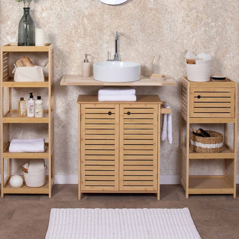 Natural Under Sink Cabinet with U-Shaped Cut-Out, Double Vented Doors, Towel Holder - Trinidad Collection
