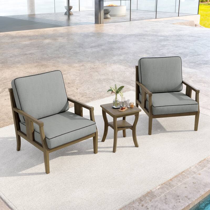 3-Piece Teak Wood Outdoor Armchair Set with Side Table, Cushions, Patio Seating Sets