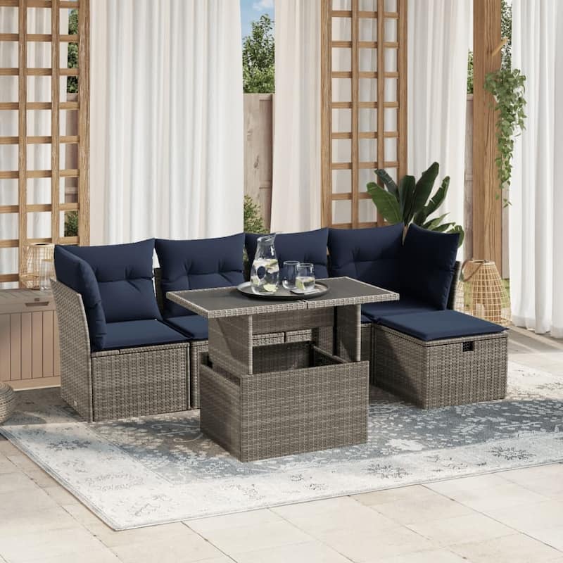 vidaXL Patio Sofa Set with Cushions and Table Outdoor Garden 6 Piece Poly Rattan - Gray - 24.4" x 24.4" x 27.2"