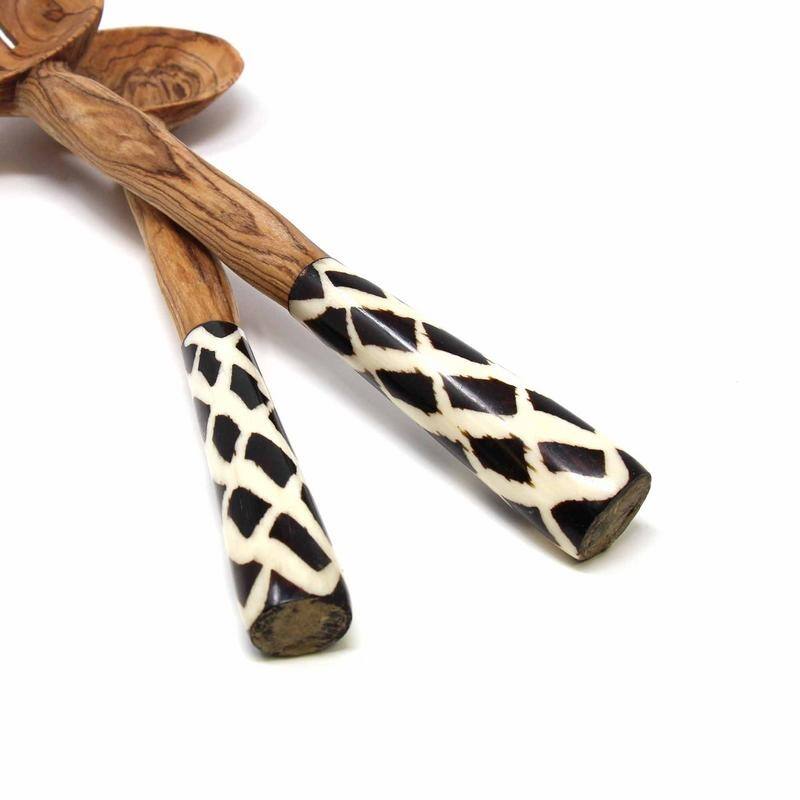 Handmade Olive Wood Serving Utensils with Natural Batik Bone Handles (Kenya)