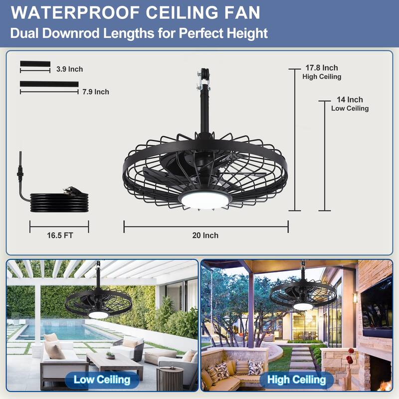 Outdoor Ceiling Fan with Light: 20 Inch Waterproof Gazebo Hanging - Plug in Remote App Control Caged Fans - 6 Speed Black