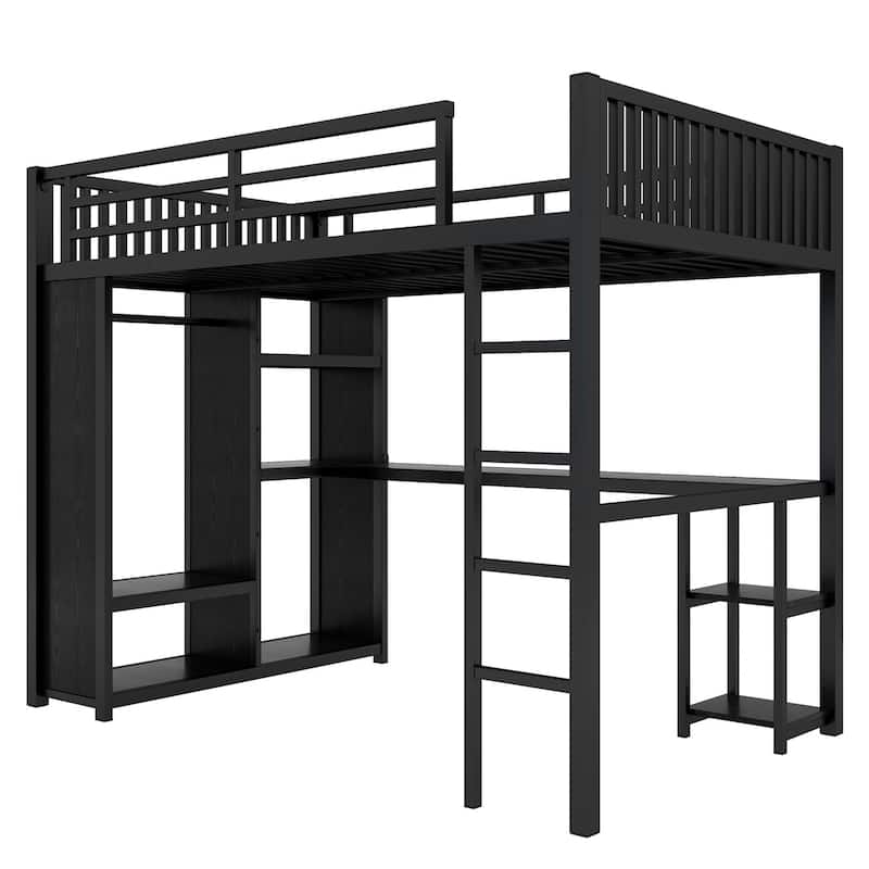 Black Metal Loft Bed Frame with Built-In Wardrobe, Desk and Shelves