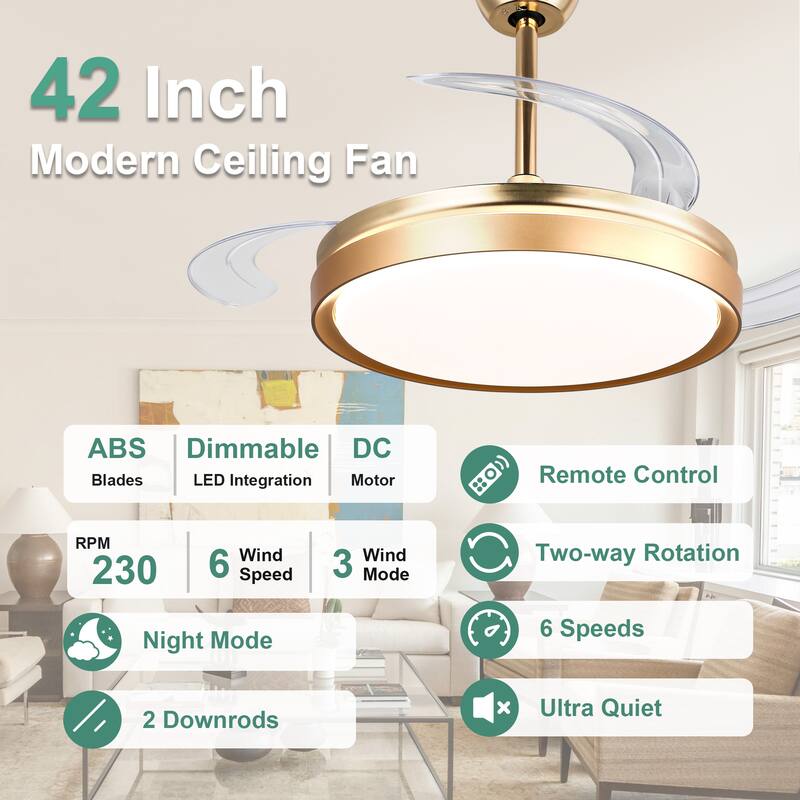 Cusp Barn 42 Inch Retractable Ceiling Fan with Lights, Modern Silent DC Motor 6 Speeds Chandelier Ceiling Fan for Bedroom