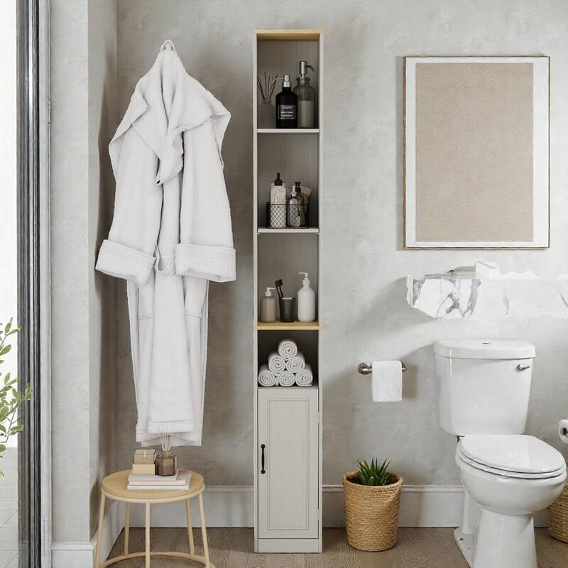 72'' Tall Slim Storage Cabinet with Door, 6-Tier Narrow Bathroom Cabinet with Adjustable Shelves for Small Spaces - Antique White