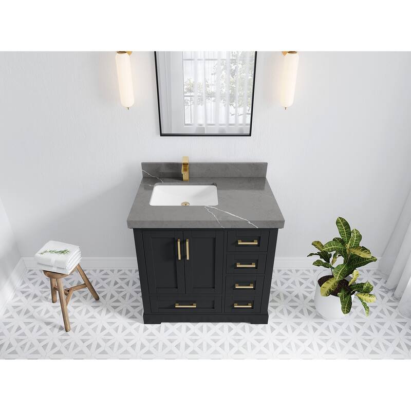 Willow Collections 36 x 22 Boston Left Offset Sink Bathroom Vanity with Quartz or Marble Countertop