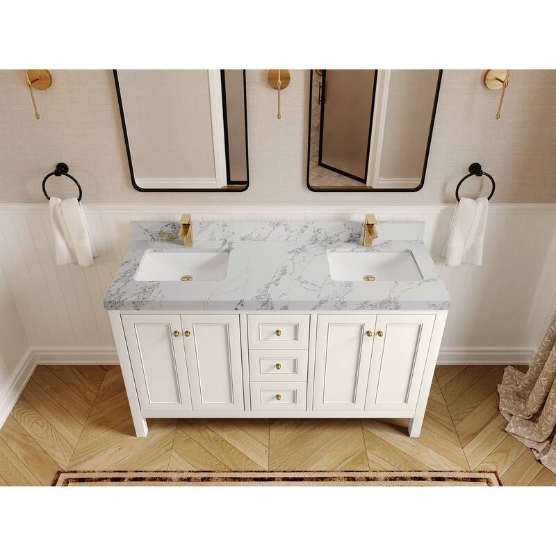 Willow Collections 60 in. W x 22 in. D Nashville Double Bowl Sink Bathroom Vanity with Countertop - 2"Calacatta Paliasandro - Ivory