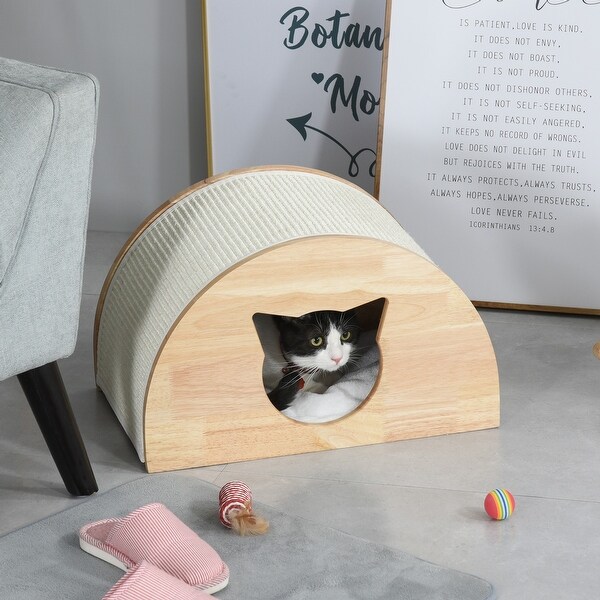 PawHut Wooden Cat House with Cat-Shaped Entrance Sisal Scratching Carpet Soft Cushion, Natural - 19" L x 11.75" W x 11.75" H. Opens flyout.