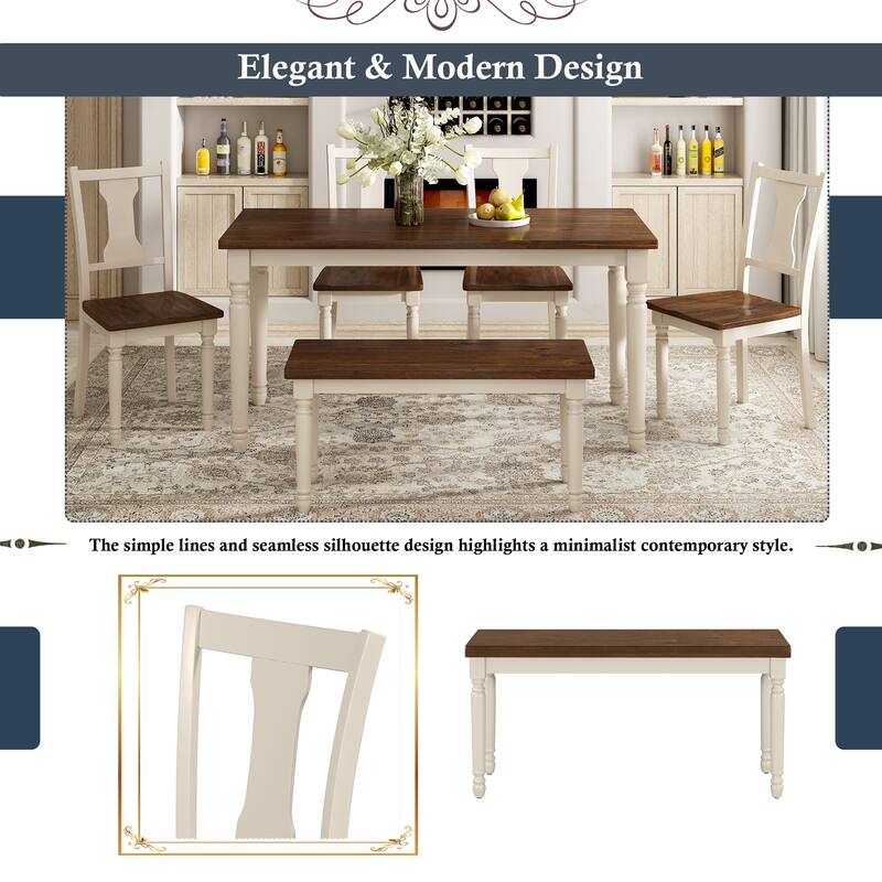 Classic 6-Piece Wooden Dining Table Set with 4 Chairs & Bench